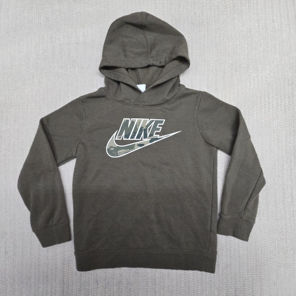 Nike Hoodie Youth 6-7 YRS Green Camo Logo Graphic Fleece Pullover Sweatshirt